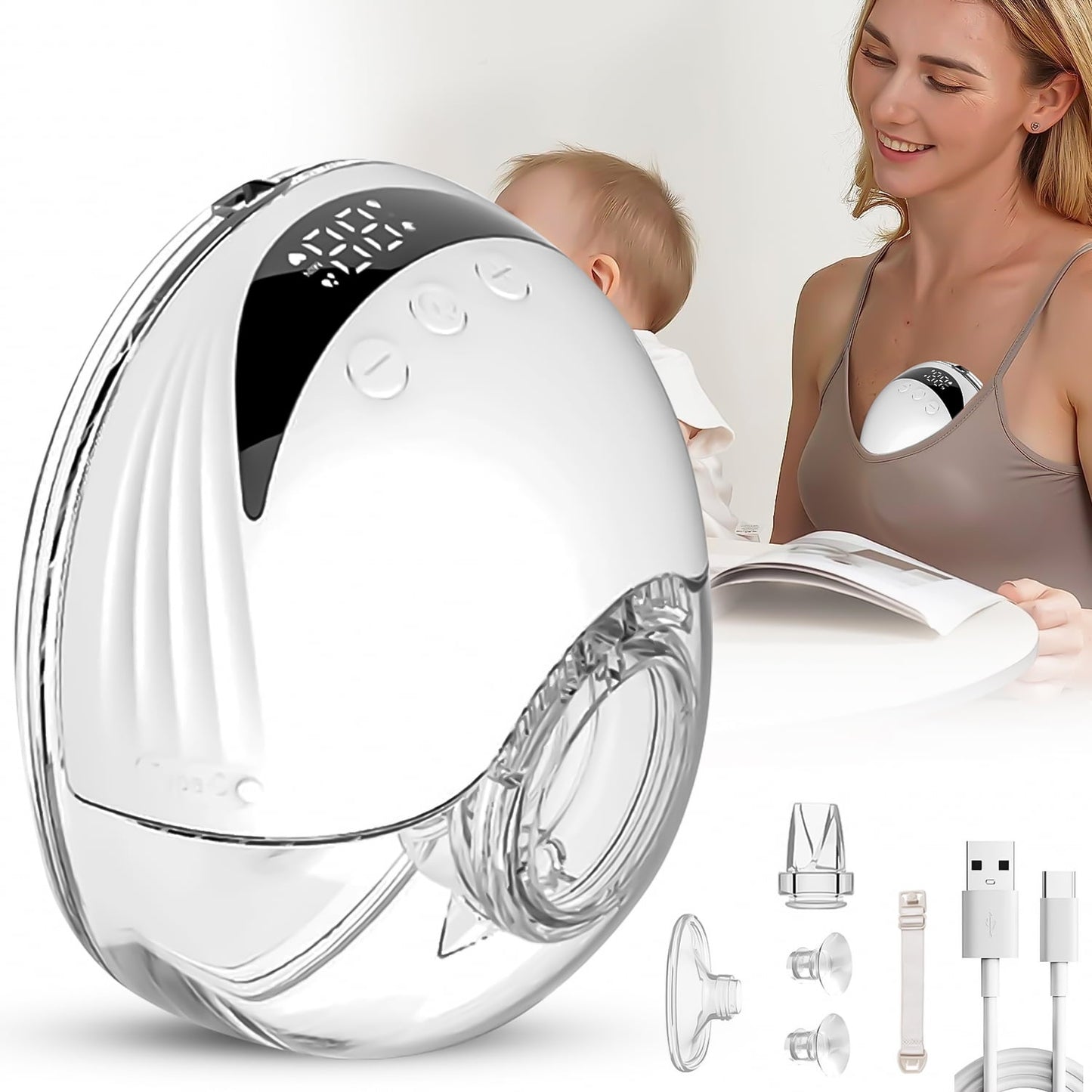 Wearable Breast Pump, Electric Hands-Free Breast Pumps with 2 Modes, 12 Levels, LCD Display, Portable and Quiet Breastfeeding with 19/21/24mm Flange, 1PC White