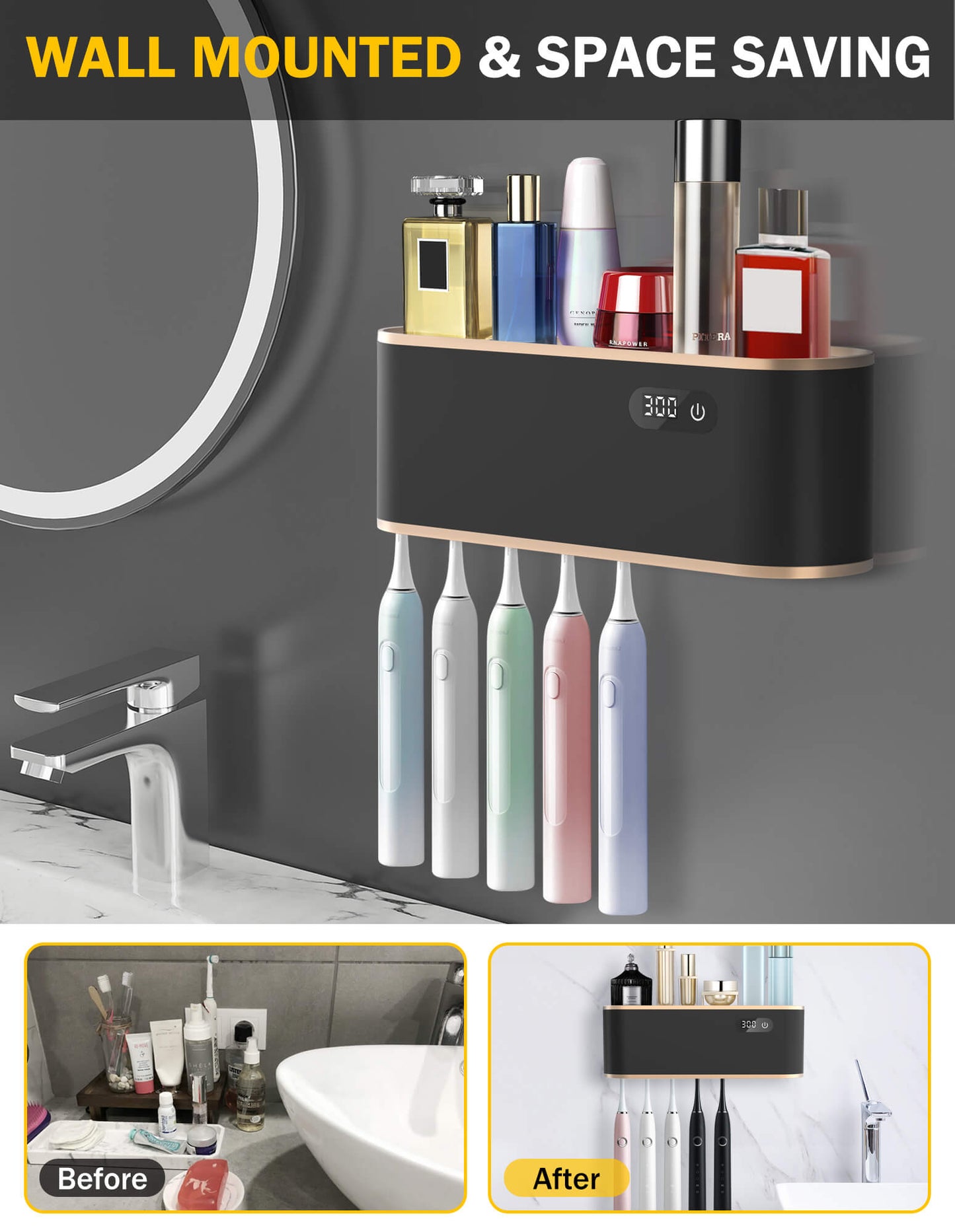 Sentryse Toothbrush Holders, UV Toothbrush Sanitizer and Holder, 5 Cups Electric Tooth Brush Holder Wall Mounted, Black