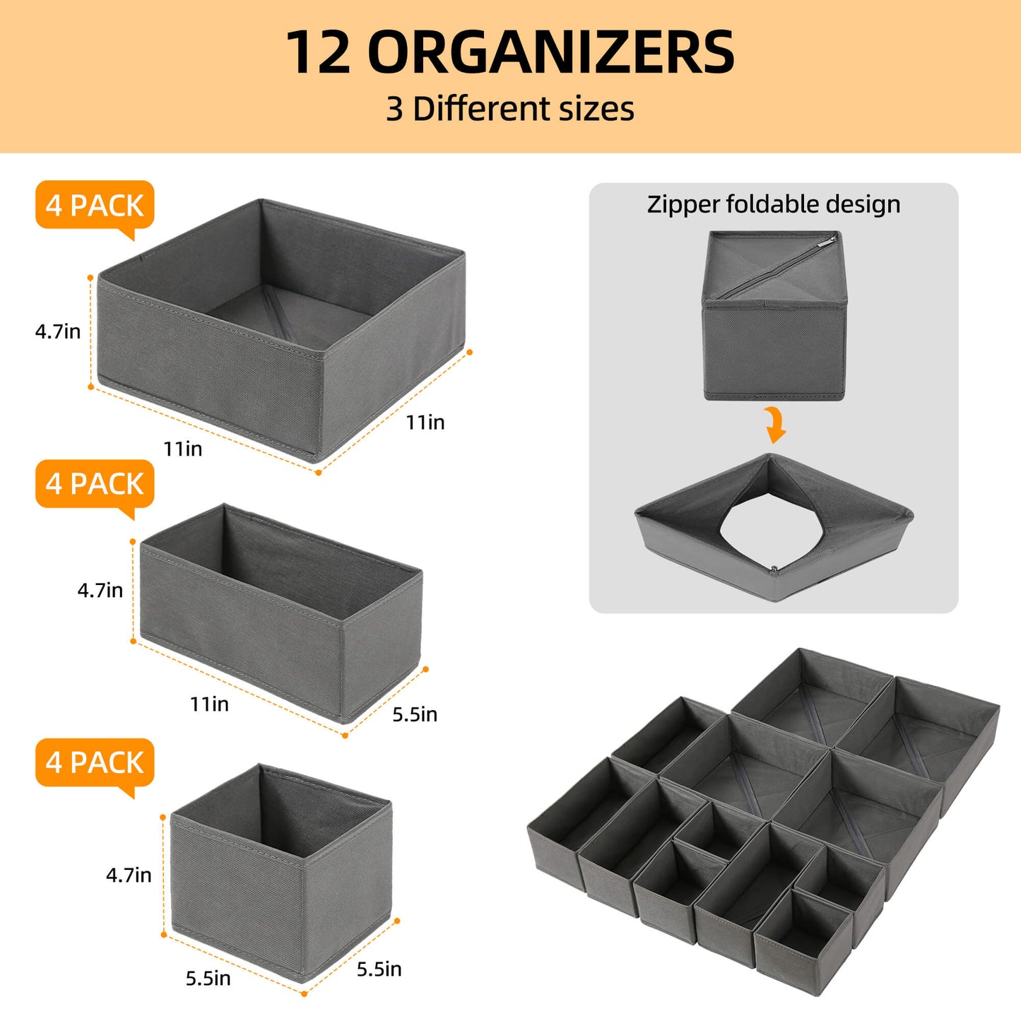 Fixdono Drawer Organizer for Clothes, Dresser Drawer Organizer, 12 Pack, Gray