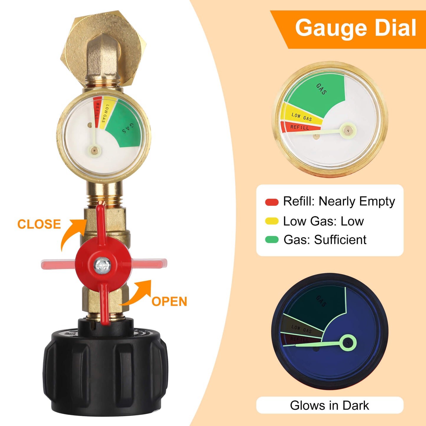 Fixdono Propane Refill Adapter with Valve and Gauge, Fill 1 lb Bottles from 20 lb Tank, Solid Brass