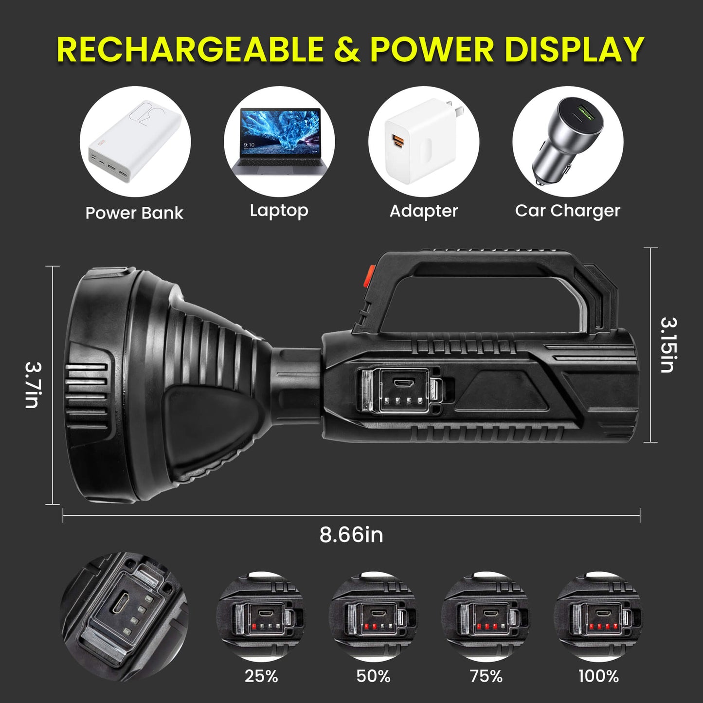 LED Flashlight Rechargeable, 50000 Lumens Super Bright Flashlights, Big Beam Long-Range Spotlight Flashlight, Waterproof Torch Light for Camping, Fishing, Hunting, Hiking, Patrol