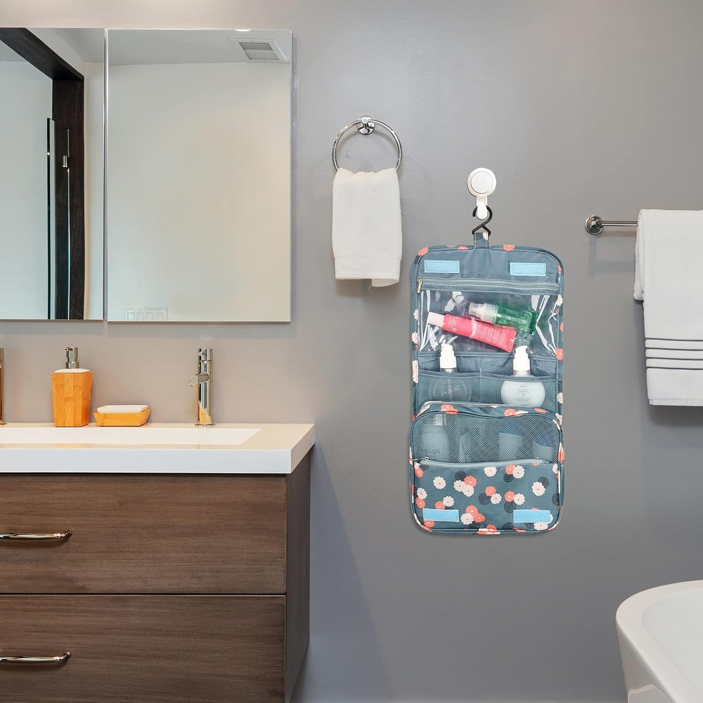 Toiletry Bag Travel Bag with Hanging Hook, Waterproof Makeup Cosmetic Bag Travel Organizer for Accessories, Full-size Container, Large Capacity