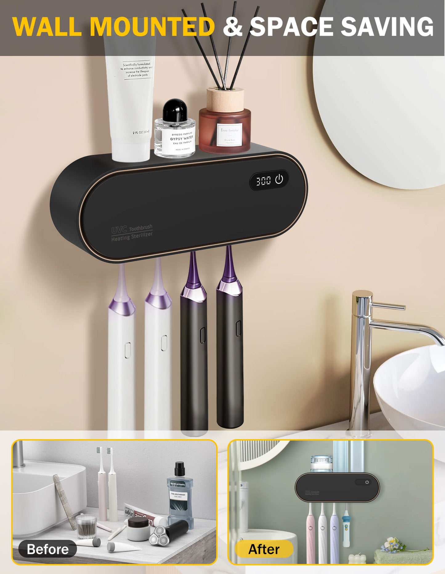 Sentryse Toothbrush Holders for Bathrooms, Rechargeable UV Toothbrush Sanitizer Holder, Wall Mounted 4 Slot, 1 Pack