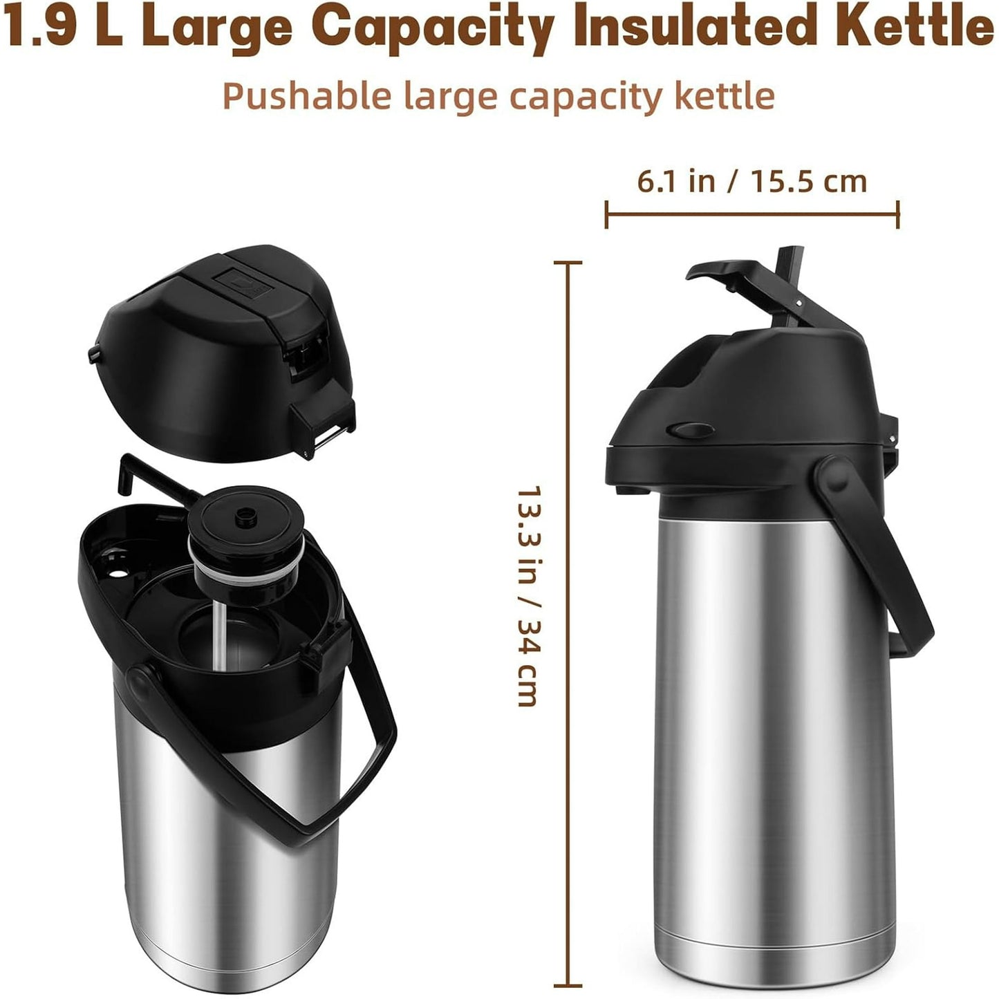 Tidymend 65oz Thermal Airpot Carafe with Pump, Stainless Steel Vacuum Insulated Coffee Dispenser for Hot and Cold Beverage (Silver)