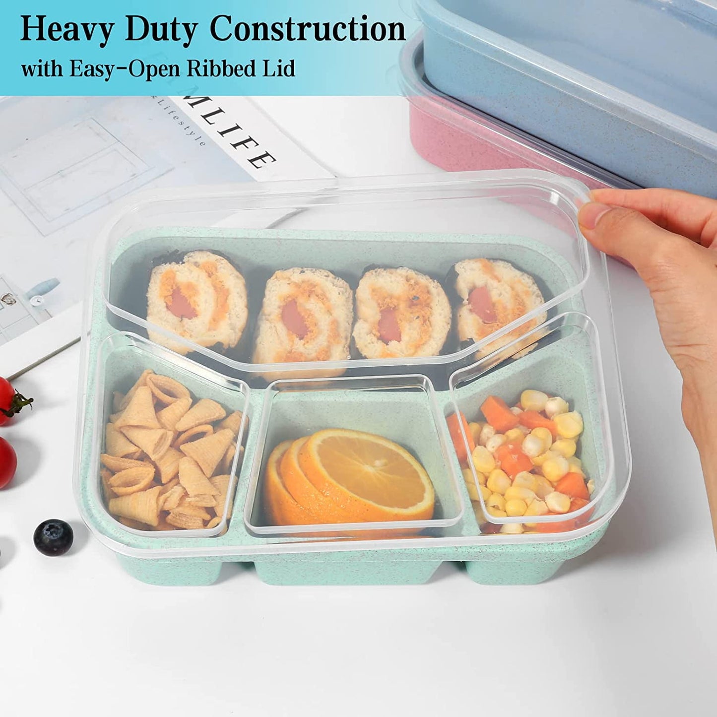 Bento Lunch Boxes, 4-Pack 4 Compartment Wheat Straw Meal Prep Food Storage Containers Plastic,Microwave Dishwasher Safe