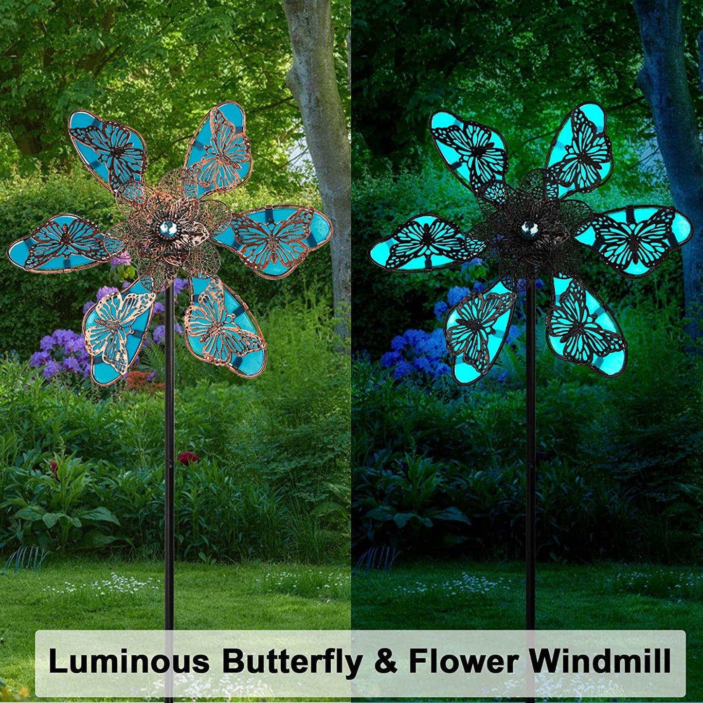 Fixdono Metal Wind Spinner, 35" Luminous Butterfly Windmill Yard Art Decor for Garden Patio Lawn