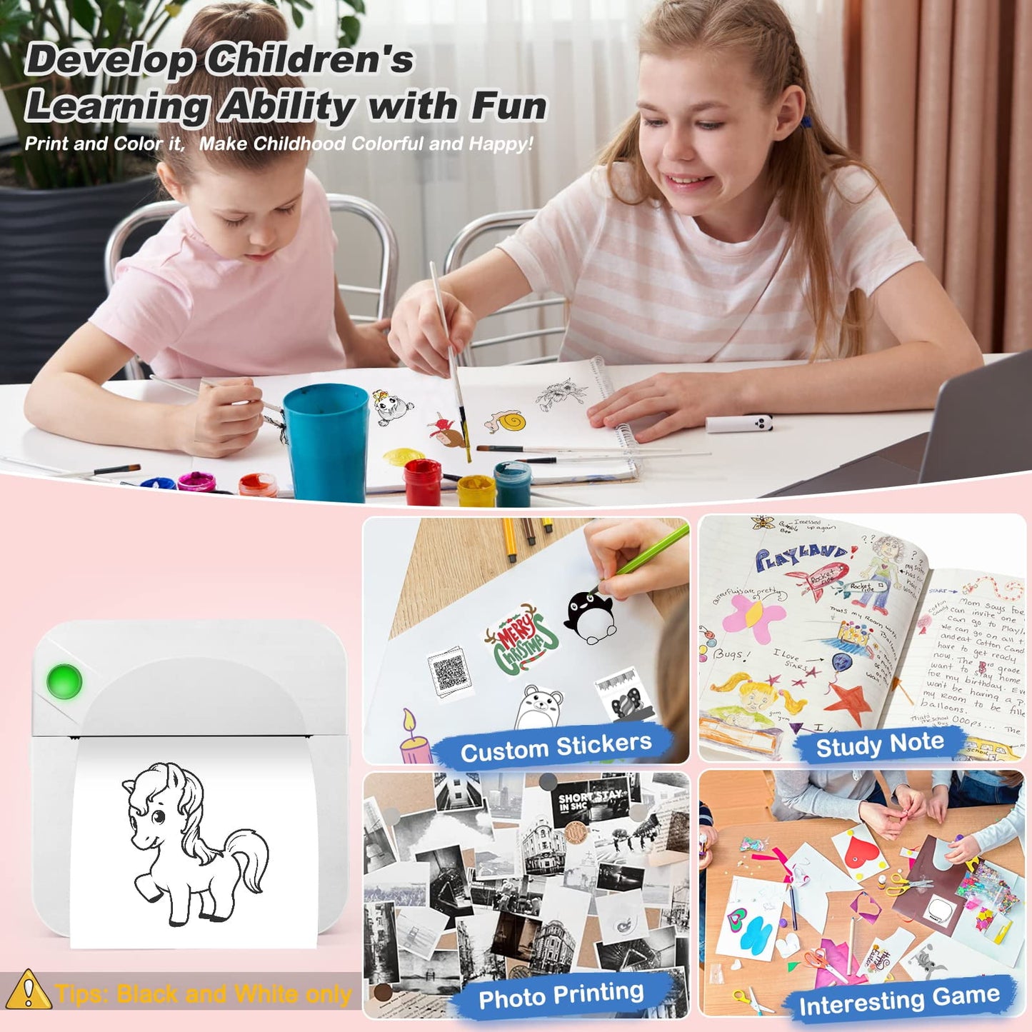 Fixdono Mini Photo Printer, Portable Pocket Thermal Printer with 1 Rolls Paper for iOS Android