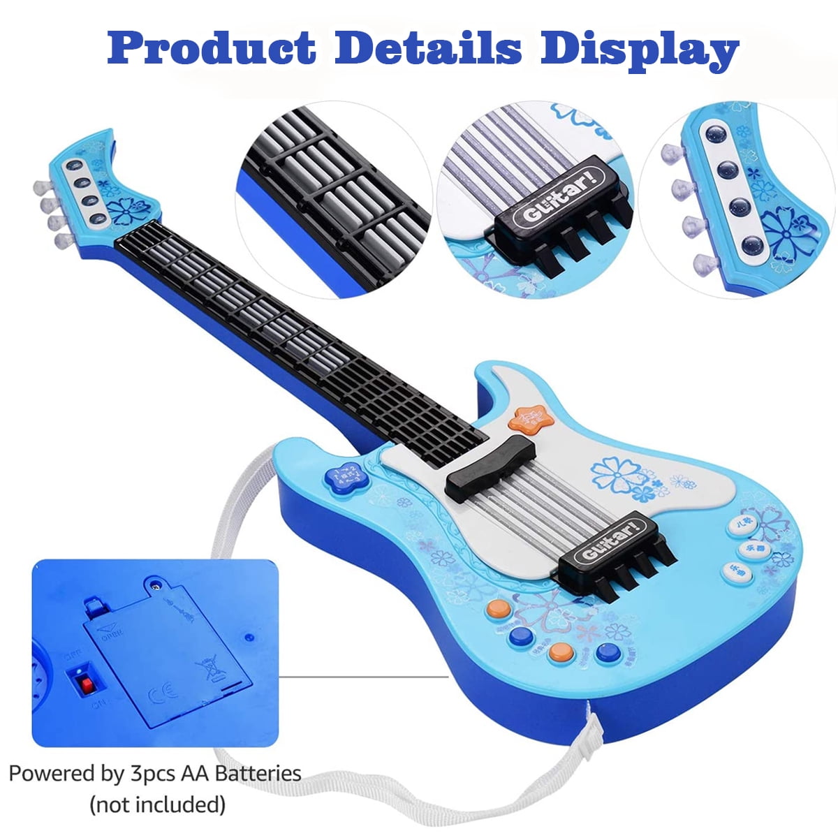 Kids Guitar for Children, Music Toys Guitar for Kids Toddler Electric Guitar with Strap, Kids Blue Guitar Musical Instrument Toys