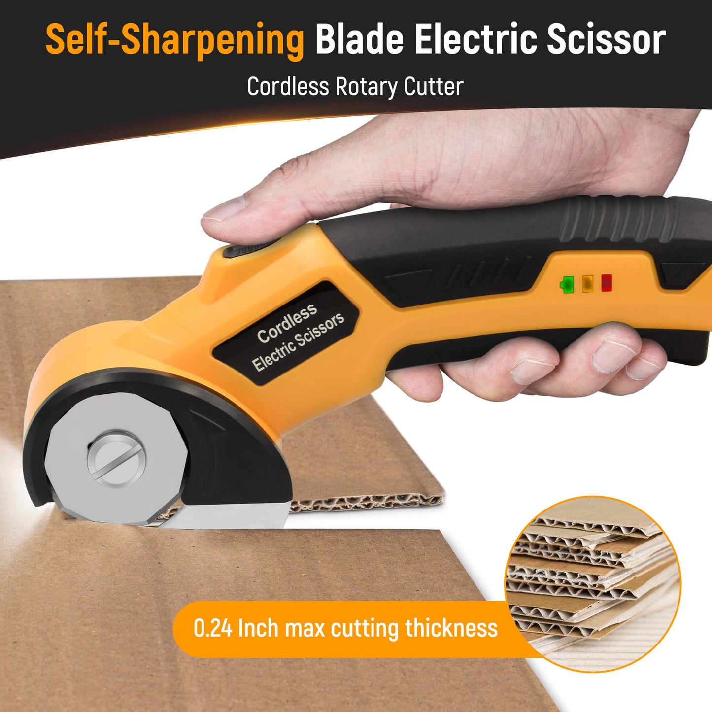 Tidymend Cordless Electric Scissors, 4V Rechargeable Cardboard Cutter with LED Light & Replacement Blade, Rotary Cutter with Safety Lock for Fabric Carpet Leather Plastic Cutting (Yellow)