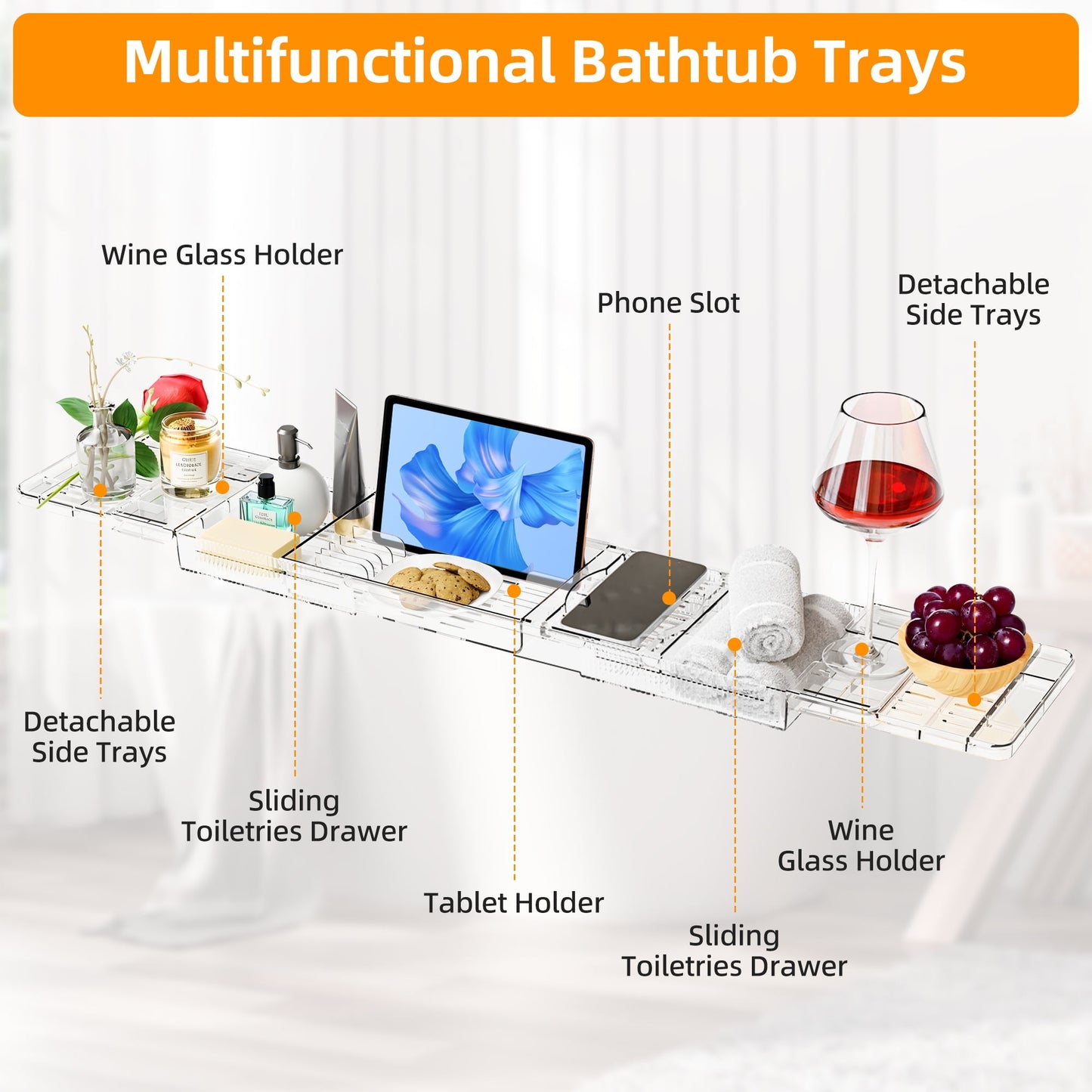 Bathtub Caddy Tray, Adjustable Bath Tray for Tub, Clear Tub Caddy Tray with Tablet PC Holder & Wine Glass Holder, Tub Caddy for Bathroom Luxury Spa, Fits Most Tubs