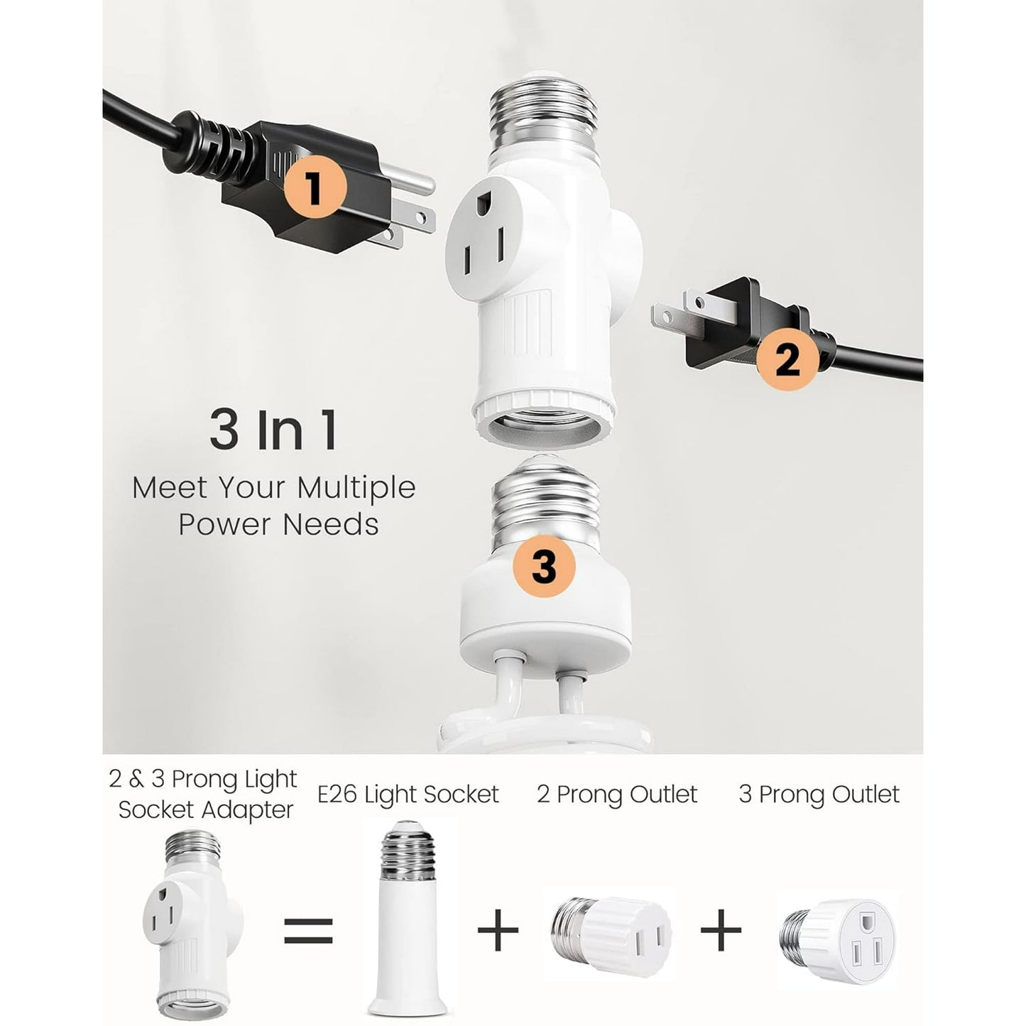 Fixdono 3 Prong E26 Light Socket to Plug Adapter, Heat Resistant Light Socket 2/3 Prong Outlet Light Bulb Plug Splitter Converter for Garage Porch, 2 Pack