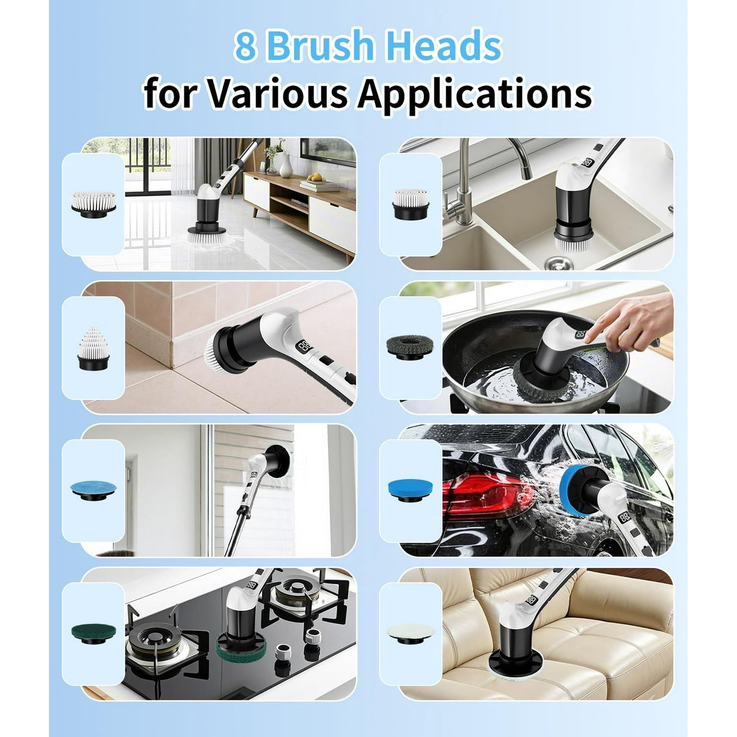 Lightweight Electric Spin Scrubber, Adjustable Handle, 3 Speed Mode Power Electric Scrubber for Cleaning, Cordless Shower Cleaning Brush with 8 Brush Heads for Bathroom,Tub,Floor,Tile(Black-White)