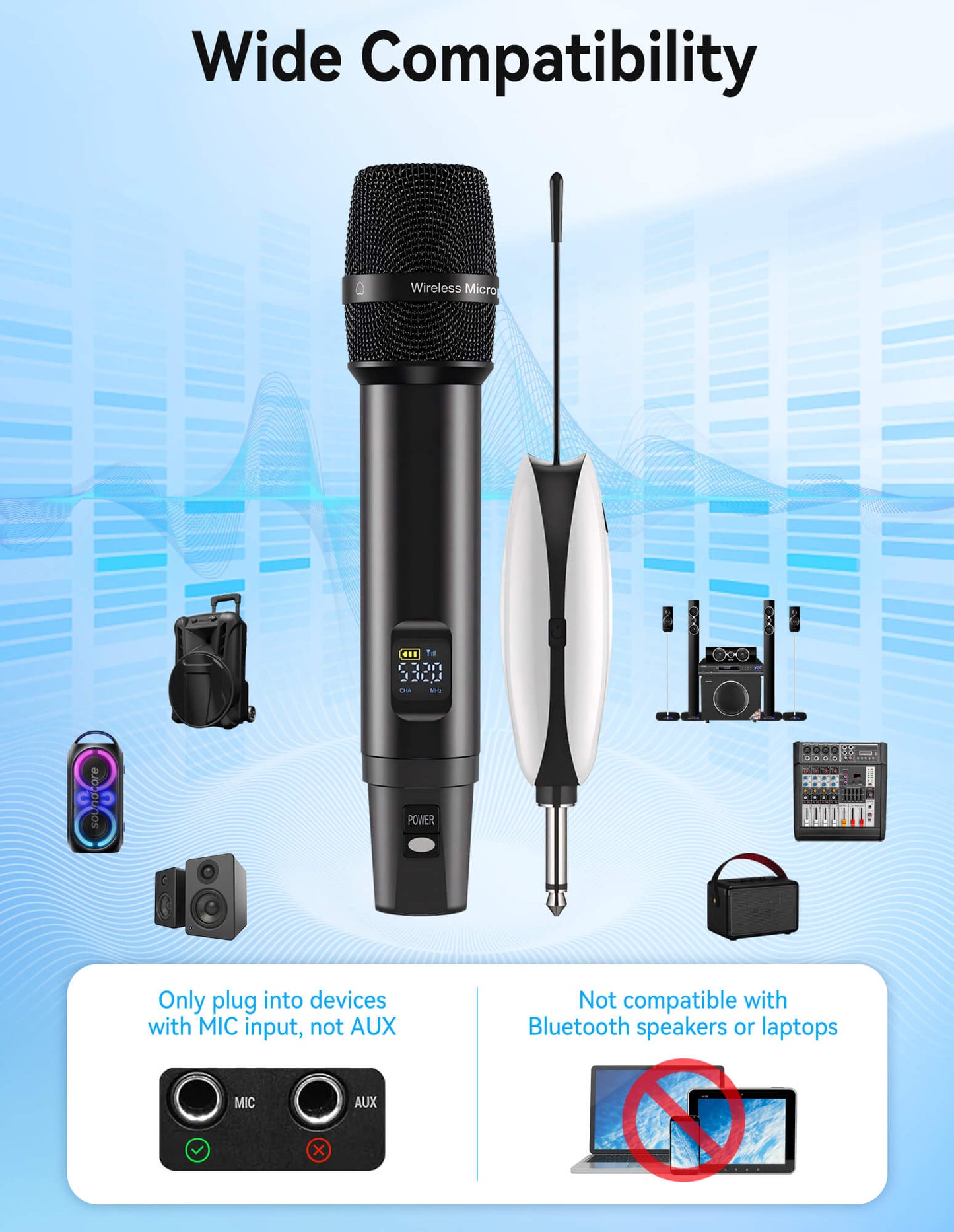 Fixdono Wireless Microphones, Metal Dynamic Microphone System with Rechargeable Receiver for Karaoke Singing, Wedding, DJ, Party, Speech, Church, Class, 240ft