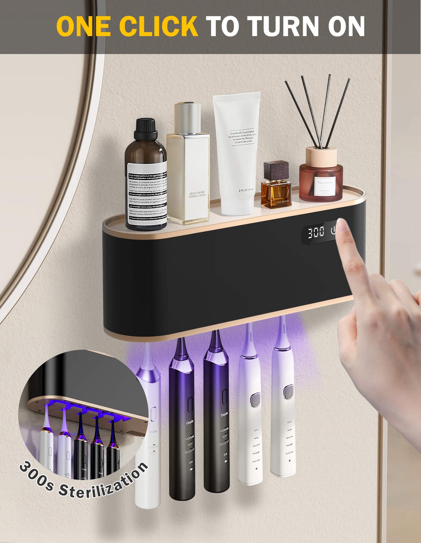 Sentryse Toothbrush Holders, UV Toothbrush Sanitizer and Holder, 5 Cups Electric Tooth Brush Holder Wall Mounted, Black