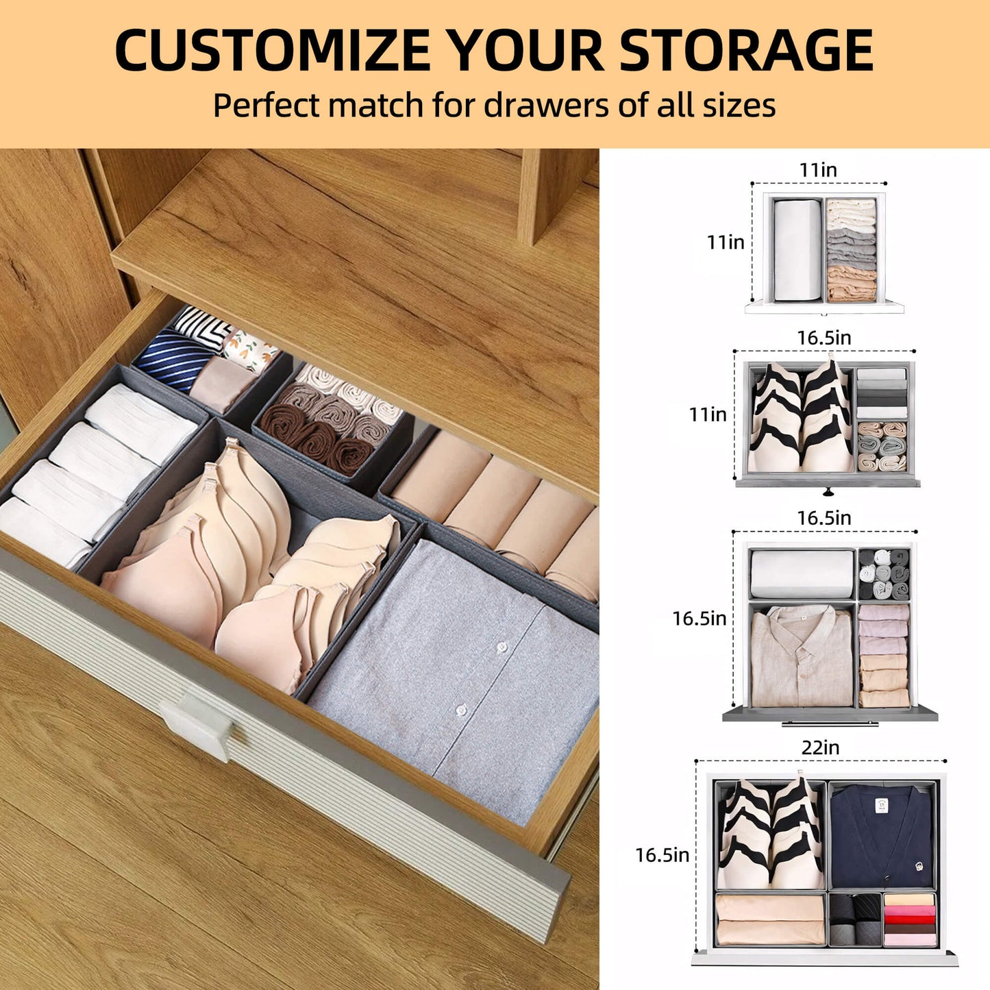 Fixdono Drawer Organizer for Clothes, Dresser Drawer Organizer, 12 Pack, Gray