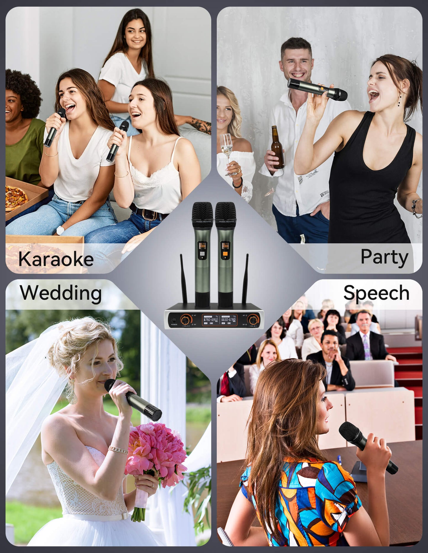 Fixdono Wireless Microphone System, Dual Handheld Cordless Dynamic Microphones for Singing Karaoke, Speaker, Conferences, Wedding, Church, 328 ft