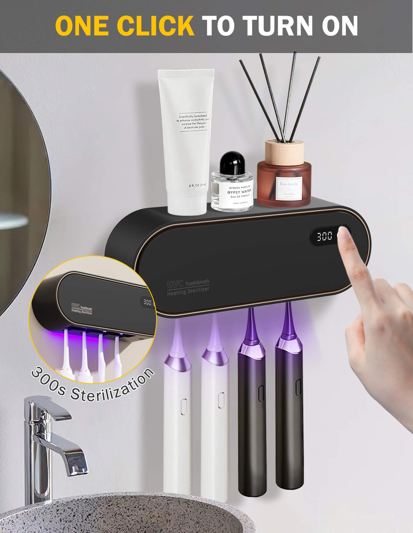 Sentryse Toothbrush Holders for Bathrooms, Rechargeable UV Toothbrush Sanitizer Holder, Wall Mounted 4 Slot, 1 Pack