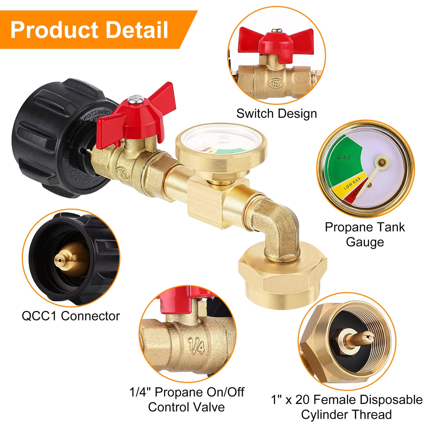 Fixdono Propane Refill Adapter with Valve and Gauge, Fill 1 lb Bottles from 20 lb Tank, Solid Brass