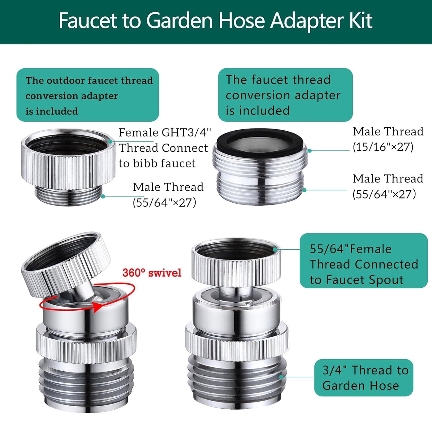 Fixdono Swivel Faucet Adapter Kit, Brass 3/4" Faucet to Garden Hose Adapter, Chrome Silver