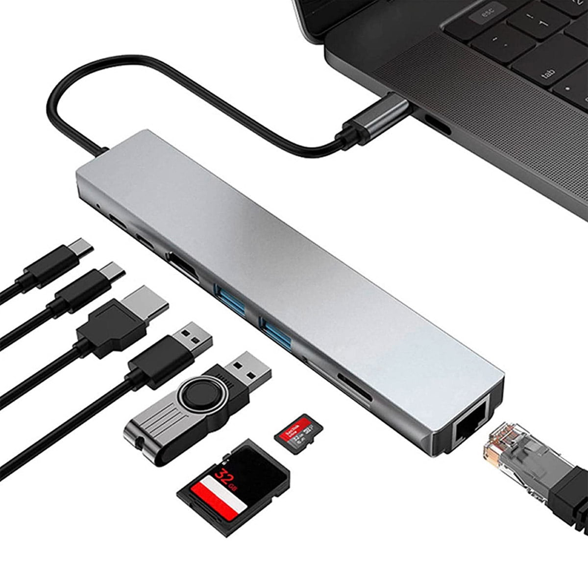 USB C Hub Multiport Adapter 8-in-1, USB C to Ethernet Adapter, USB C to HDMI-compatible, 2 USB can transfer card reader data and 2 Type-C Data Port, TF SD Slots, PD 87W Charging, USB Hub for Laptop