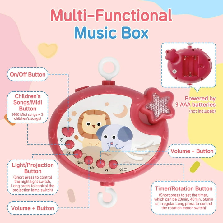 CreWear Crib Mobile with Music and Lights, Baby Mobiles for Cribs, Nursery Musical Mobile for Bassinets Toys Hanging Girls Boys