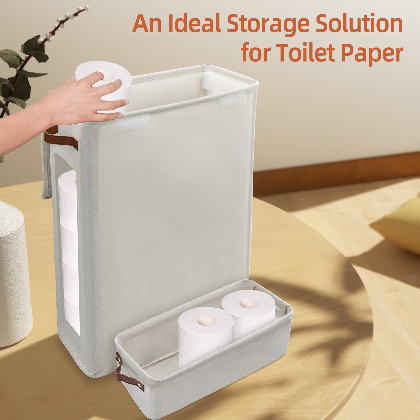 Toilet Paper Storage Basket with Wheels, 2-Piece Set Paper Roll Basket for Bathroom, Extra Large Free Standing Toilet Paper Containers for up to 20+ Regular Rolls (Beige)