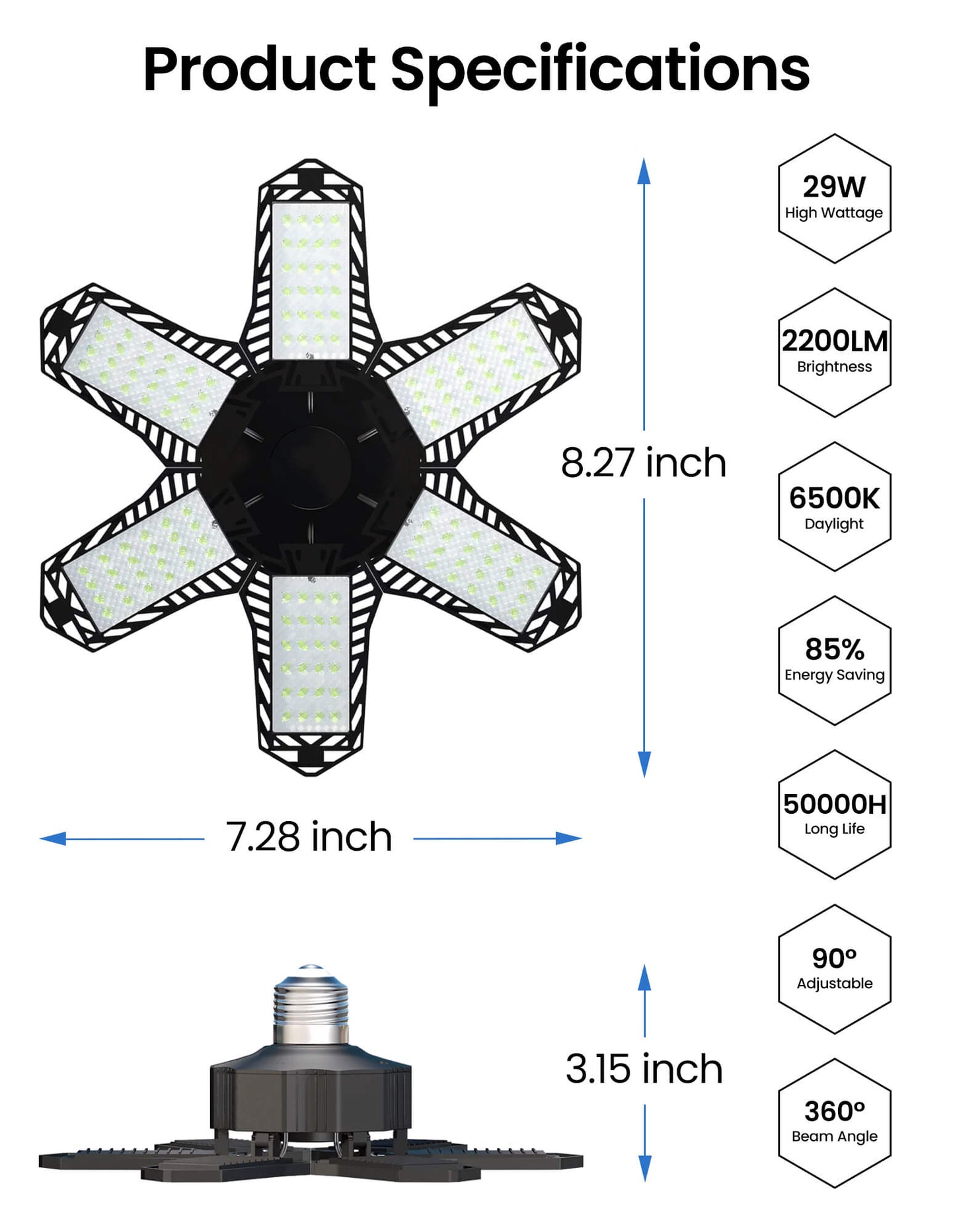Sentryse LED Garage Lights Bulb 6500K 2200LM, E26/E27 Garage Ceiling Shop Light, 2 Pack