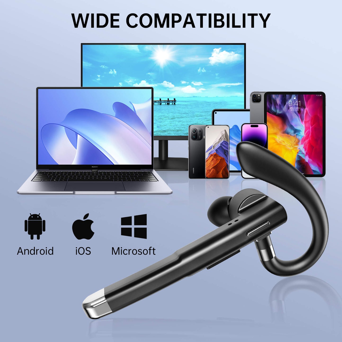 Fixdono Bluetooth Headset, Wireless Bluetooth Earpiece with 400mAh Charging Case, Built-in Microphone for Work Trucker Office