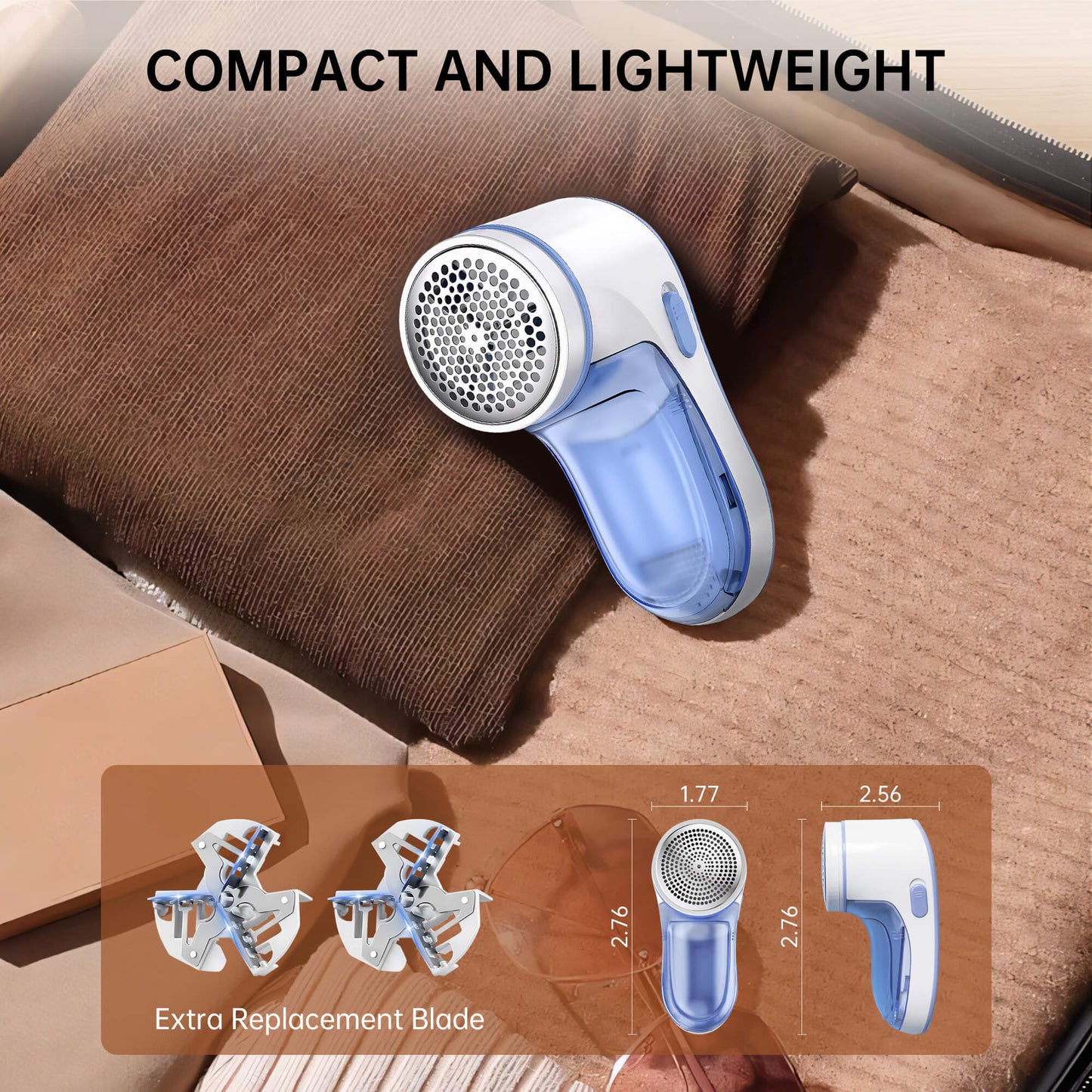 Fixdono Fabric Shaver, Lint Remover Rechargeable, Electric Portable Sweater Defuzzer with 2 Spare Blades, Blue