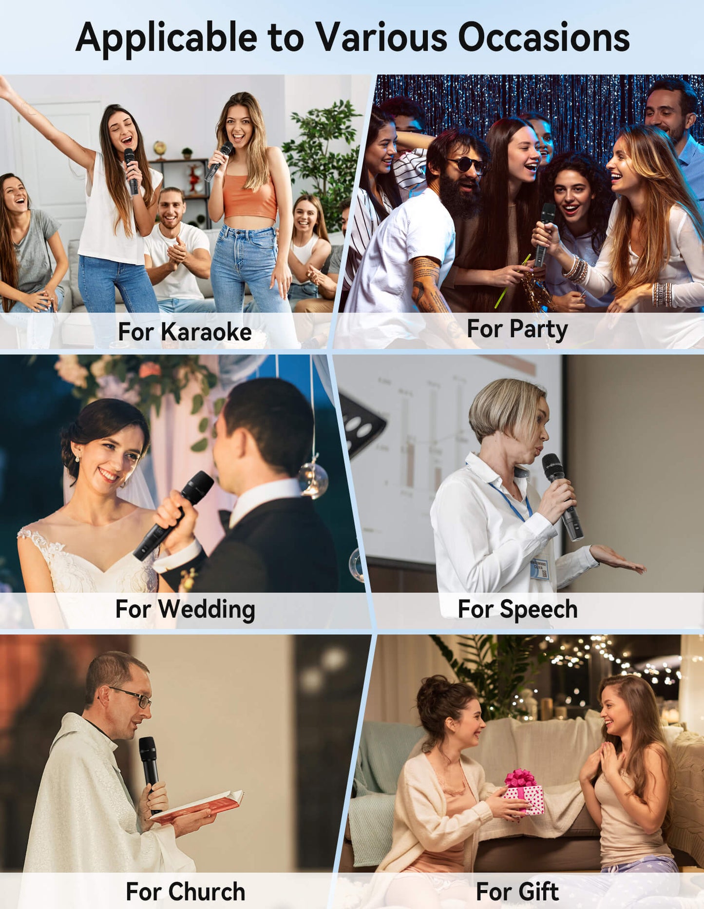 Fixdono Wireless Microphones, Metal Dynamic Microphone System with Rechargeable Receiver for Karaoke Singing, Wedding, DJ, Party, Speech, Church, Class, 240ft