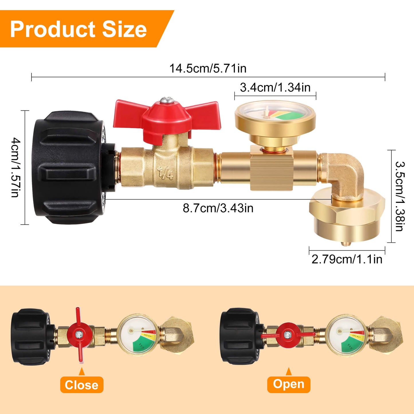 Fixdono Propane Refill Adapter with Valve and Gauge, Fill 1 lb Bottles from 20 lb Tank, Solid Brass