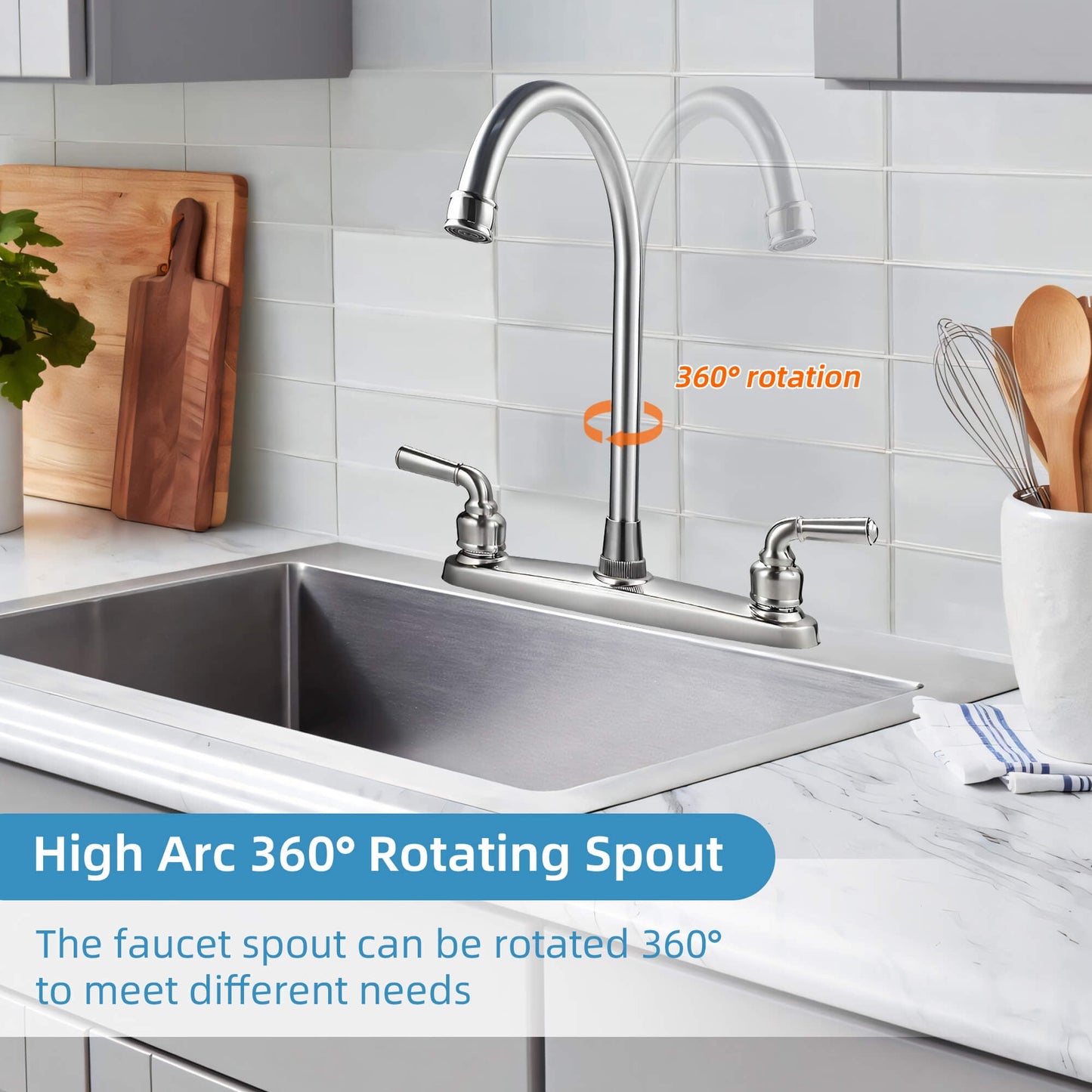 Fixdono 2 Handle Kitchen Sink Faucet, High Arc 360 Swivel Stainless Steel Pipe 3 Hole Kitchen Faucet for RV Laundry Farmhouse Bar Sink, Silver