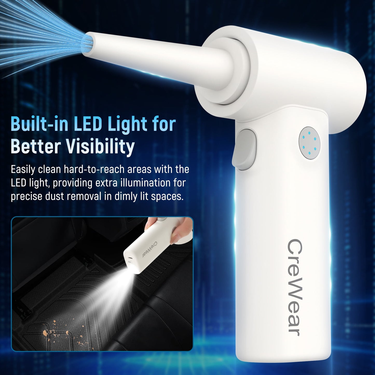 CreWear Compressed Air Duster 11000RPM Electric Cordless Air Duster Computer Keyboard Dust Cleaner for Electronics