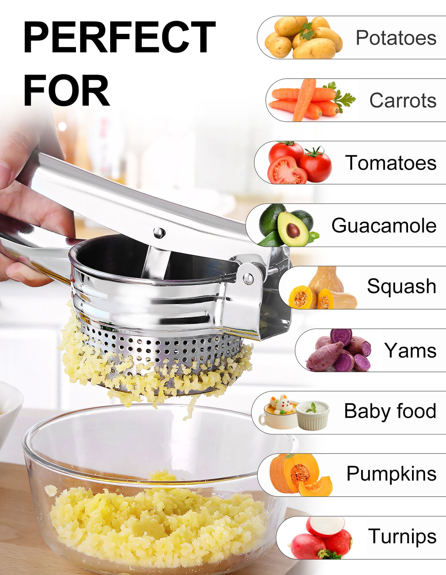 Sentryse Potato Ricer, Heavy Duty Stainless Steel Potato Masher, Manual Ricer Kitchen Tool for Fruits, Vegetables, Potato