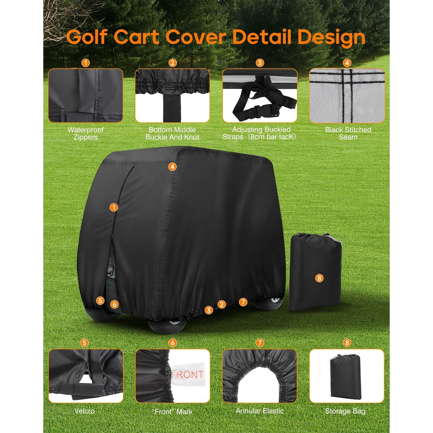 Fixdono 4 Passenger Golf Cart Cover, Waterproof Outdoor 4 Seat Club Car Cover, Fit for Golf Cart up to 112 inch, Black