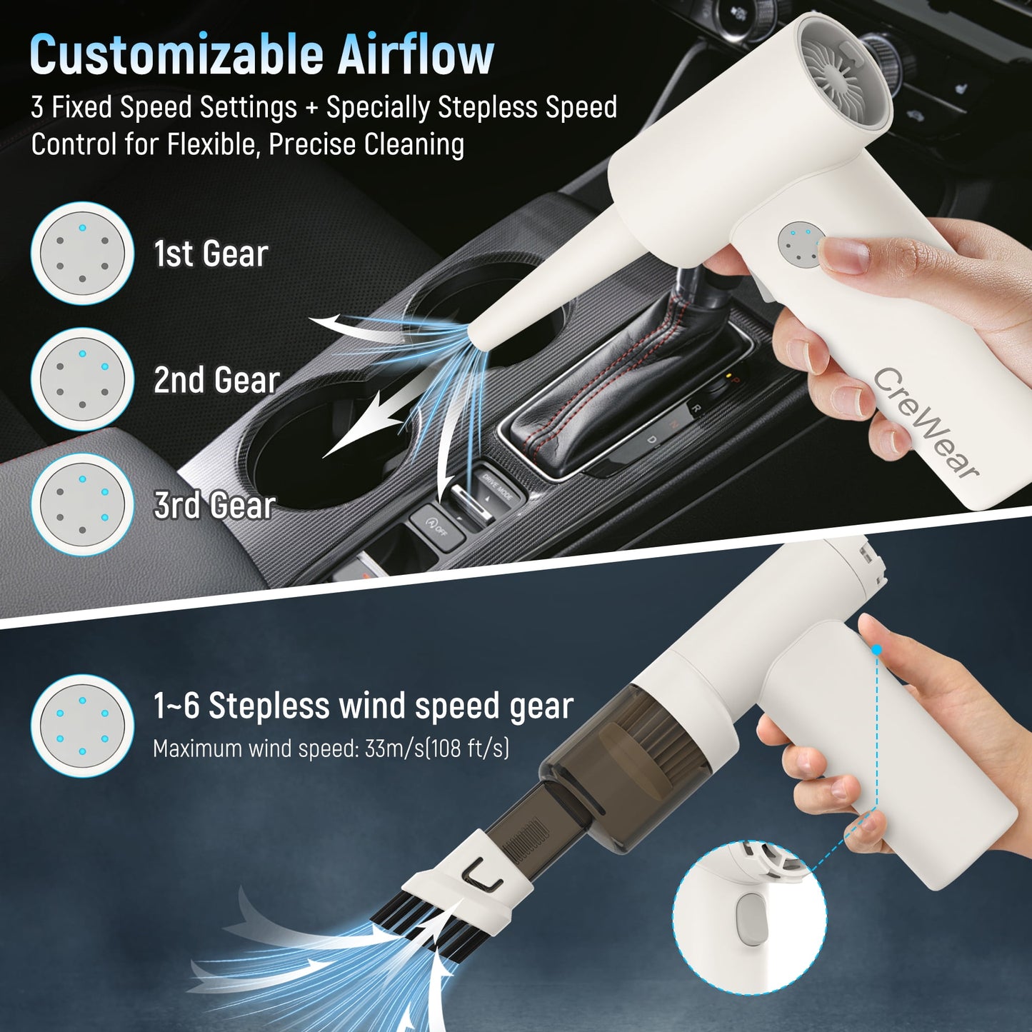 CreWear Compressed Air Duster 11000RPM Electric Cordless Air Duster Computer Keyboard Dust Cleaner for Electronics