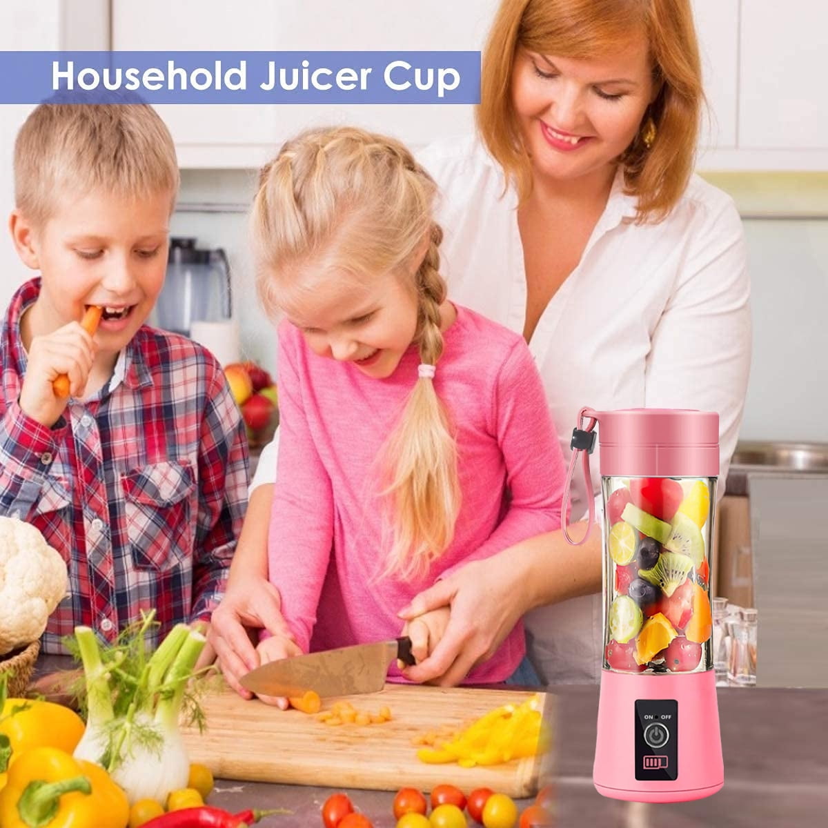 1 Pcs Portable Blender Travel Juicer Smoothie Juicer Cup - four Blades in 3D, Fruit Mixing Machine with 2000mAh USB Rechargeable Batteries