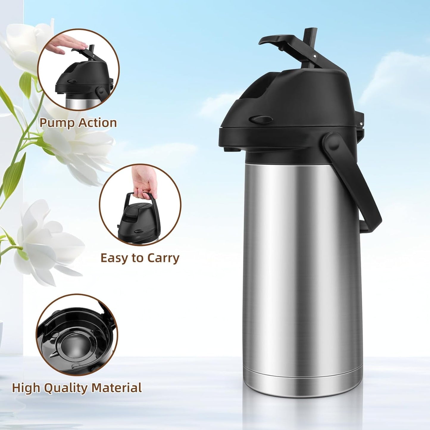 Tidymend 65oz Thermal Airpot Carafe with Pump, Stainless Steel Vacuum Insulated Coffee Dispenser for Hot and Cold Beverage (Silver)