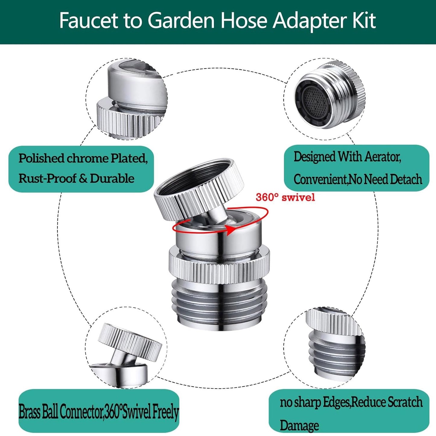 Fixdono Swivel Faucet Adapter Kit, Brass 3/4" Faucet to Garden Hose Adapter, Chrome Silver
