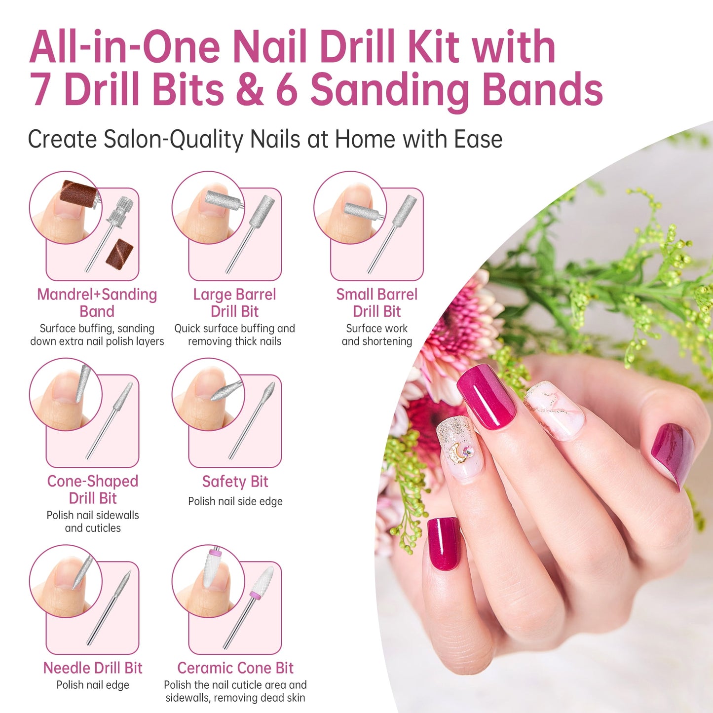 Sentryse Electric Nail Drill Machine 45000RPM Professional Rechargeable Nail File with LCD Display & Base & 7 Bits, Nail Drill Kit for Manicure, Pedicure, Acrylic Nails Gel Polishing, Pink