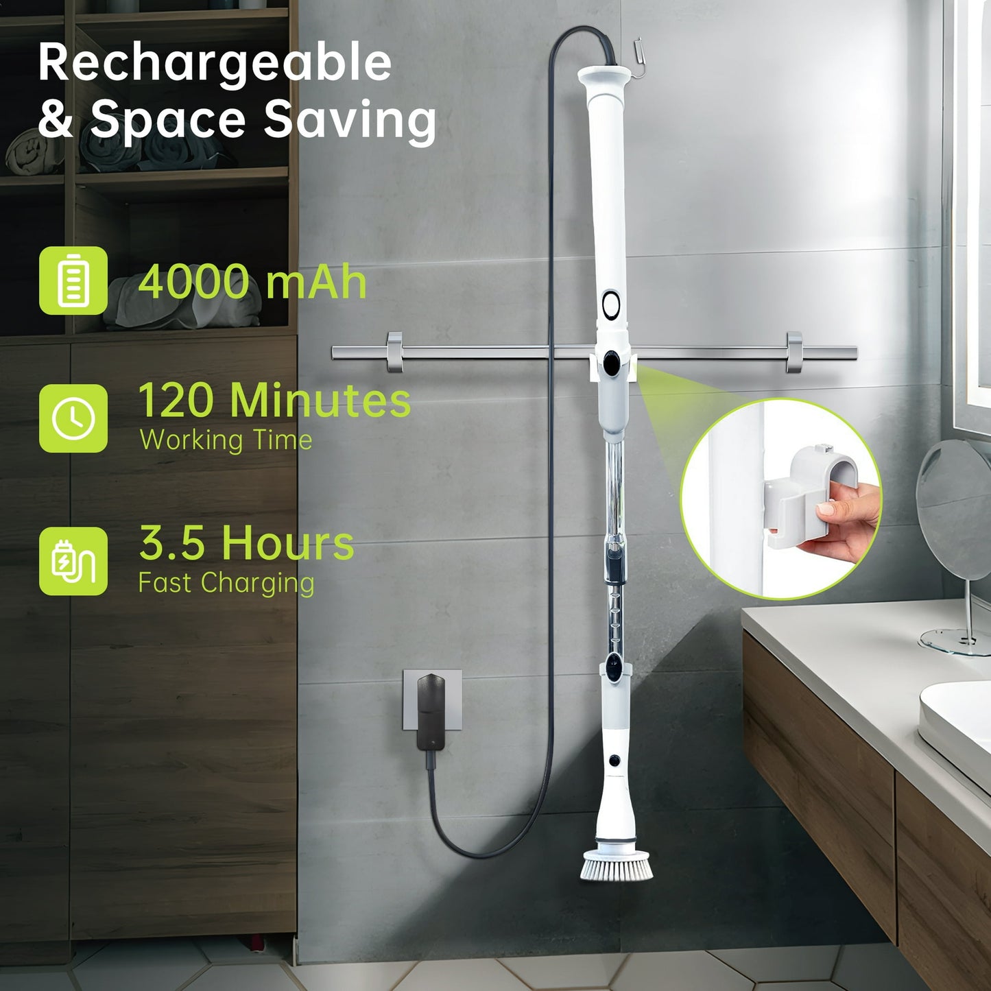 Electric Spin Scrubber, Cordless Power Brush Floor Scrubber with Adjustable Extension Arm and 4 Replaceable Bathroom Cleaning Brush Heads, Ideal for Tub, Tile, and Floor Cleaning