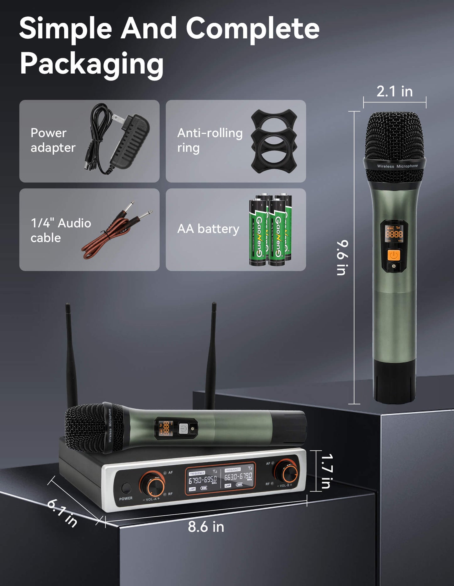 Fixdono Wireless Microphone System, Dual Handheld Cordless Dynamic Microphones for Singing Karaoke, Speaker, Conferences, Wedding, Church, 328 ft
