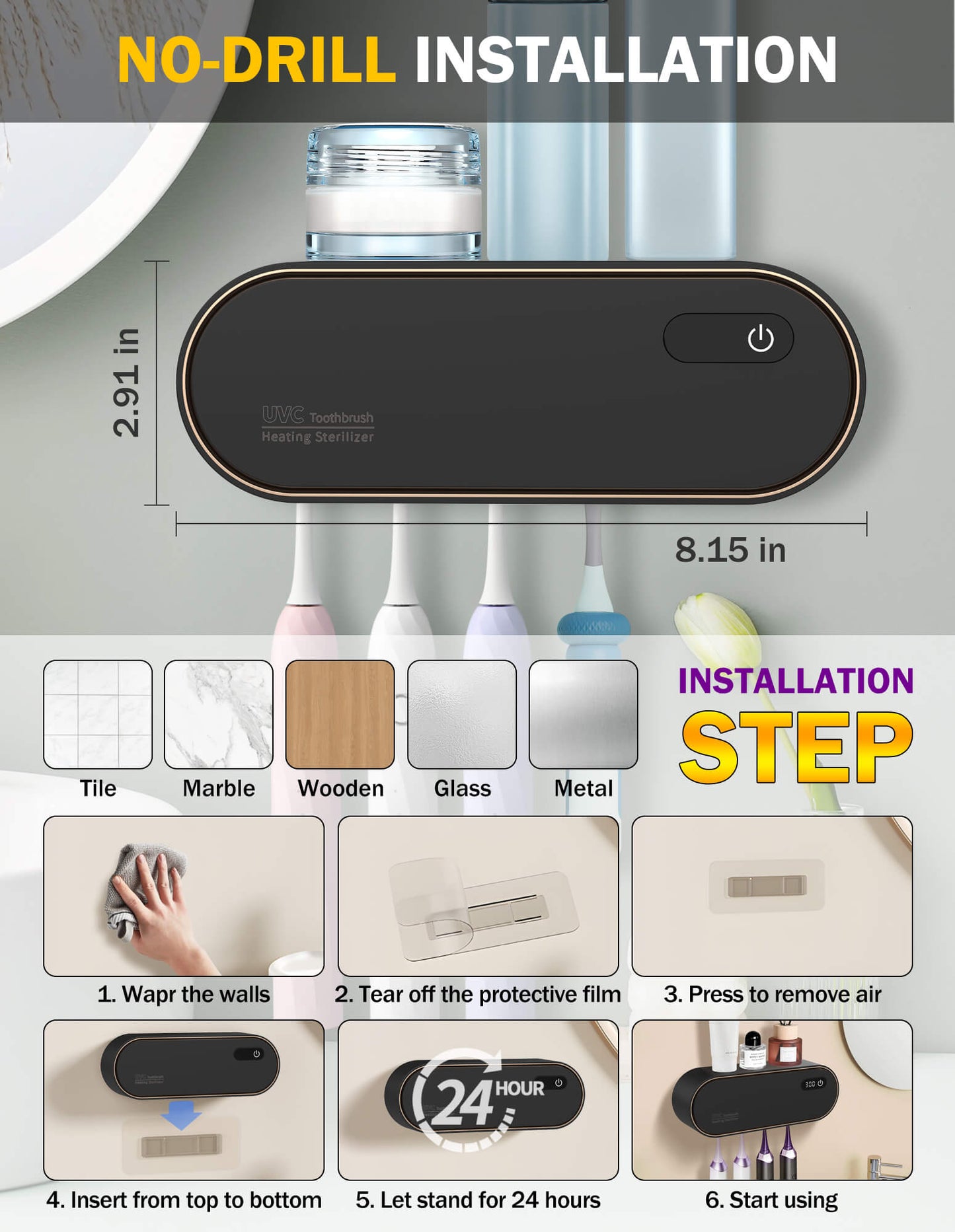 Sentryse Toothbrush Holders for Bathrooms, Rechargeable UV Toothbrush Sanitizer Holder, Wall Mounted 4 Slot, 1 Pack