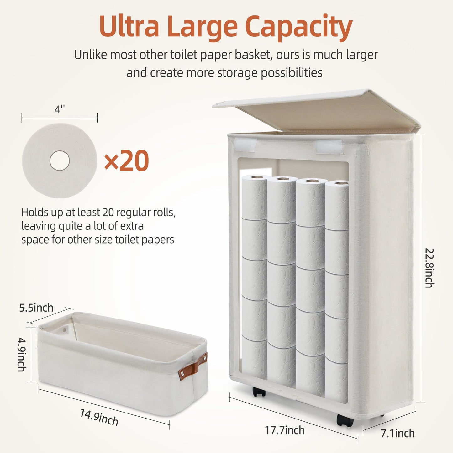 Toilet Paper Storage Basket with Wheels, 2-Piece Set Paper Roll Basket for Bathroom, Extra Large Free Standing Toilet Paper Containers for up to 20+ Regular Rolls (Beige)