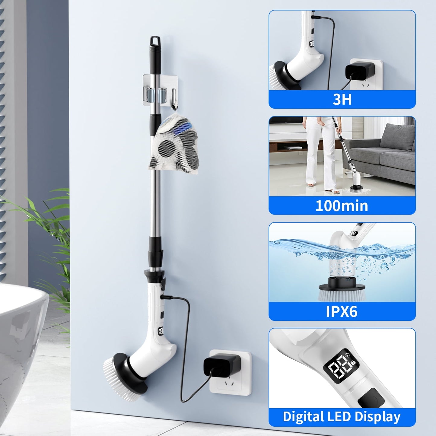 Lightweight Electric Spin Scrubber, Adjustable Handle, 3 Speed Mode Power Electric Scrubber for Cleaning, Cordless Shower Cleaning Brush with 8 Brush Heads for Bathroom, Tub, Floor, Tile (White)