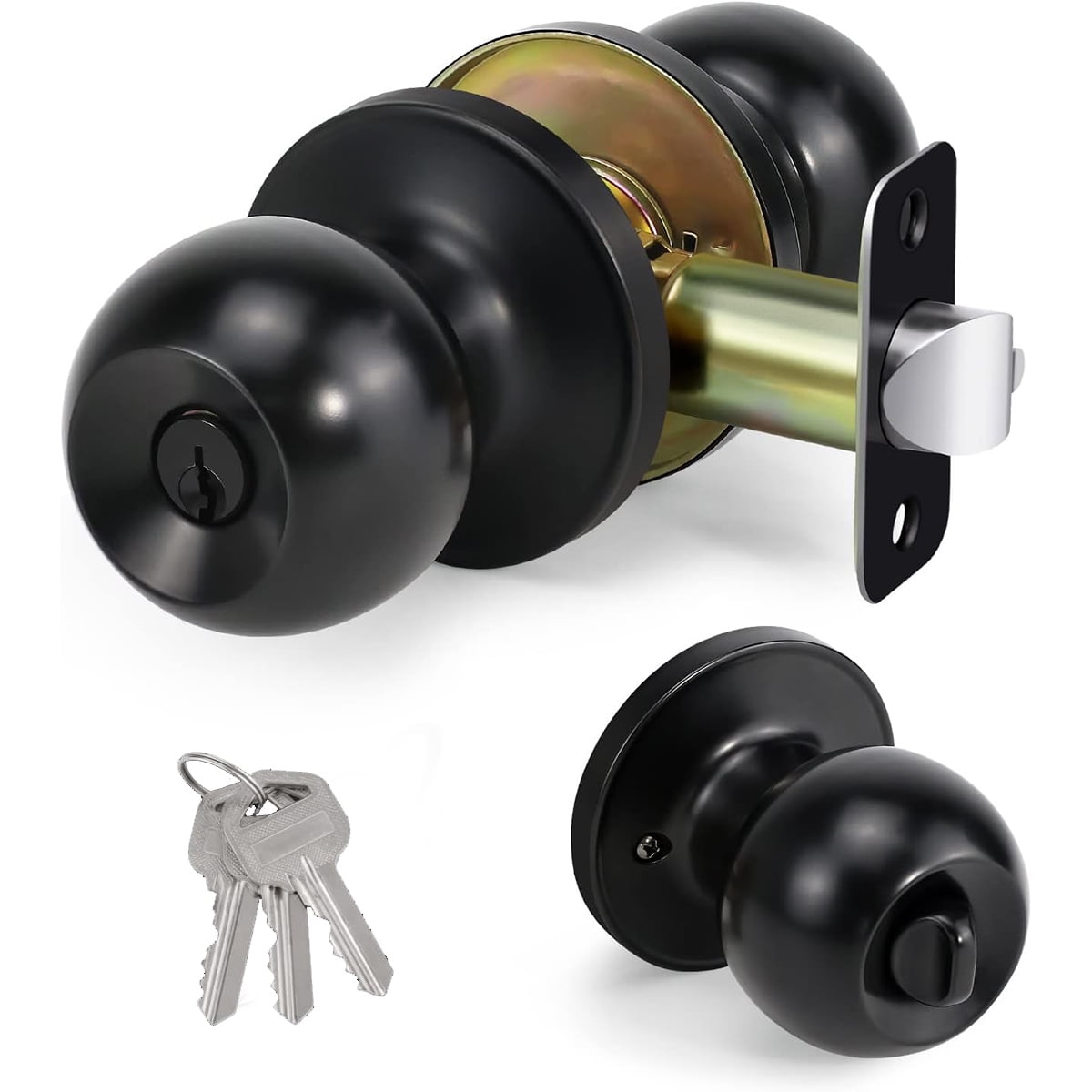 1 Set Entry Door Knob, Matte Black Ball Door Knob with Keyed Lock for Home Bathroom Bedroom, Interior/Exterior Ball Door Lockset