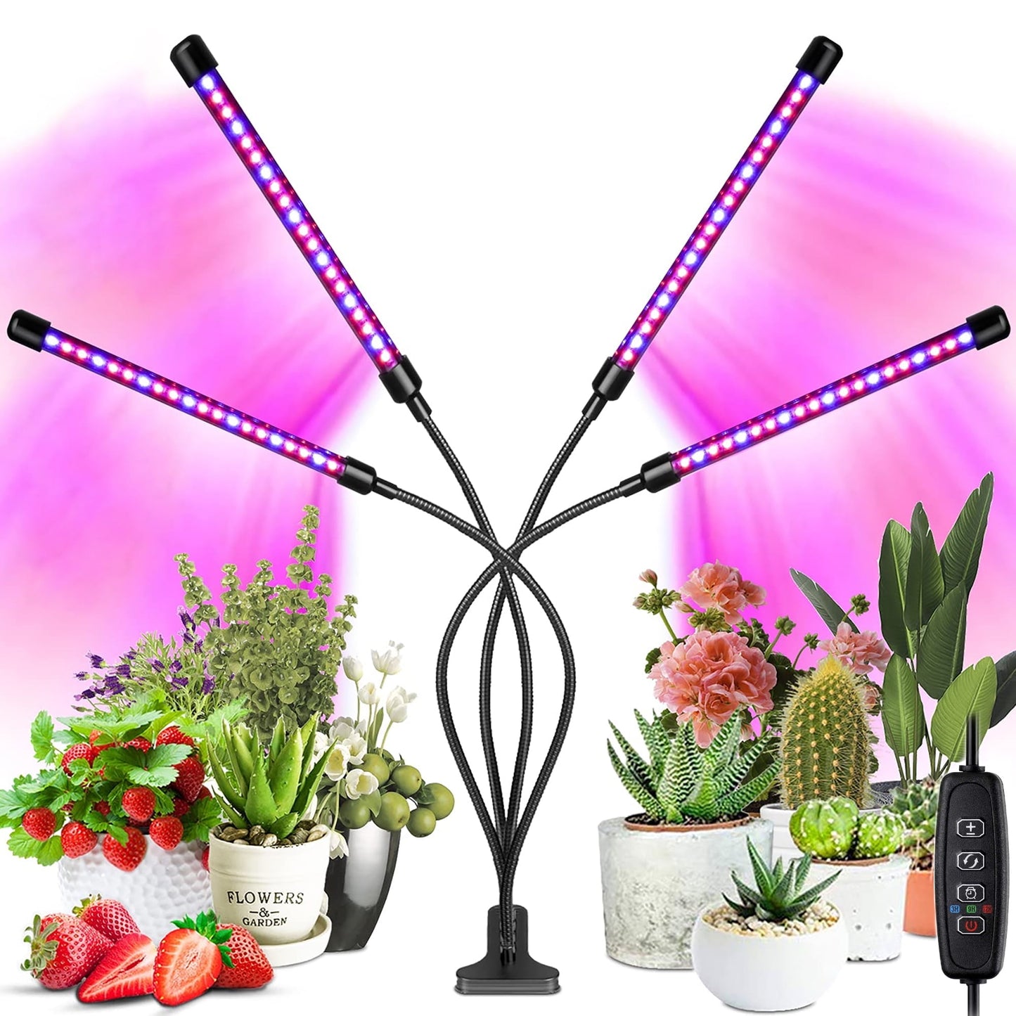 Fterwk Grow Lights for Indoor Plants, Four Head 80 LED Grow Light with Full Spectrum, Adjustable Gooseneck, Auto on off Timing 4 8 12Hrs