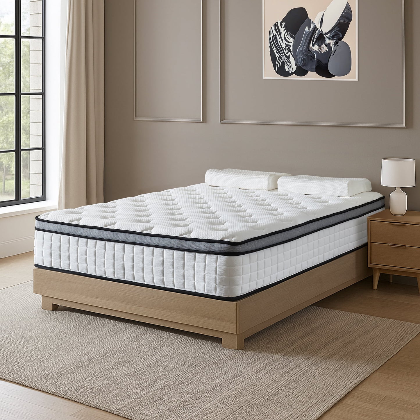 Hillnova 12" Queen Mattress, Euro Top Foam & Pocket Spring Hybrid Mattress in a Box, Plush Comfort, Pressure Relief and Motion Isolation