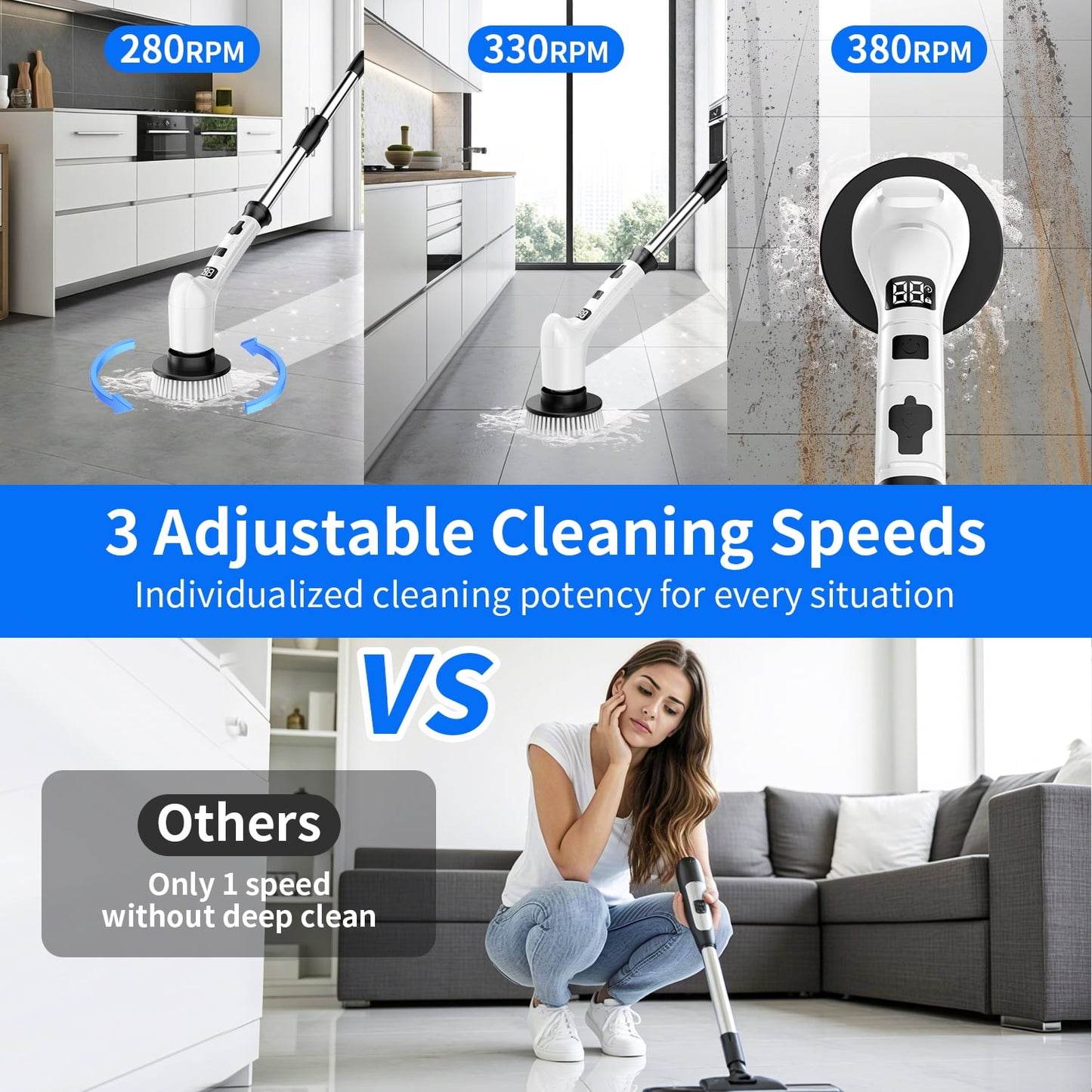 Lightweight Electric Spin Scrubber, Adjustable Handle, 3 Speed Mode Power Electric Scrubber for Cleaning, Cordless Shower Cleaning Brush with 8 Brush Heads for Bathroom, Tub, Floor, Tile (White)