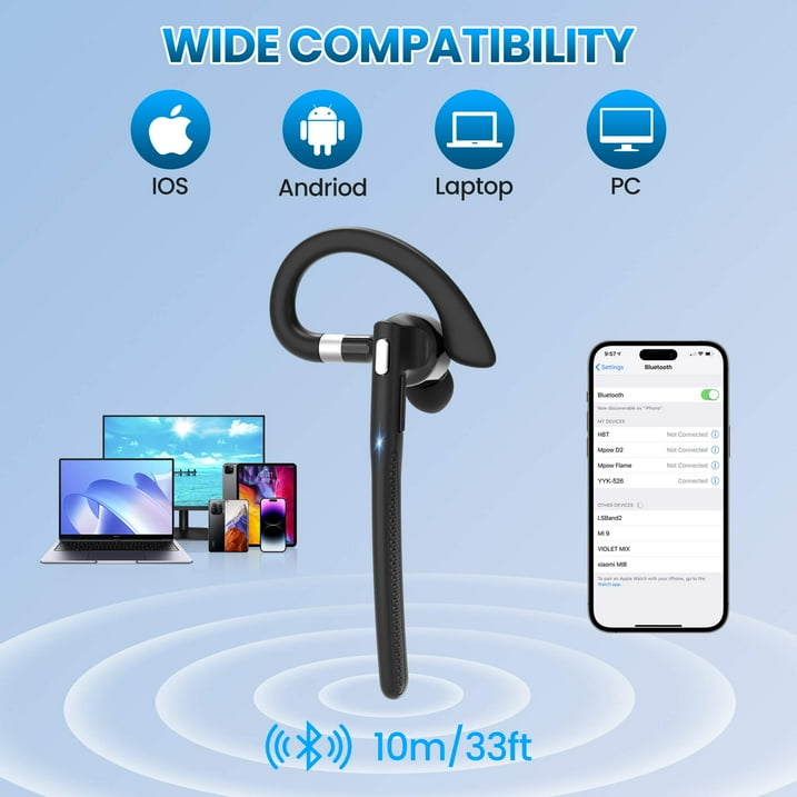 CreWear Bluetooth Headset, Wireless Bluetooth Earpiece with 500mAh Charging Case, Hand-Free Noise Canceling Headphones for Computer Trucker Office